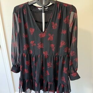 Zara Sheer Floral Mini Dress Women’s Large Black Red Boho Long Sleeve
